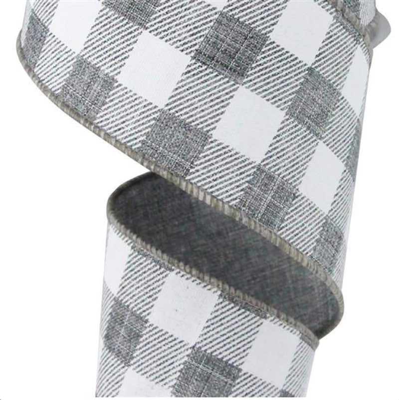 Plaid Check Wired Edge Ribbon - 10 Yards (Grey, White, 2.5")